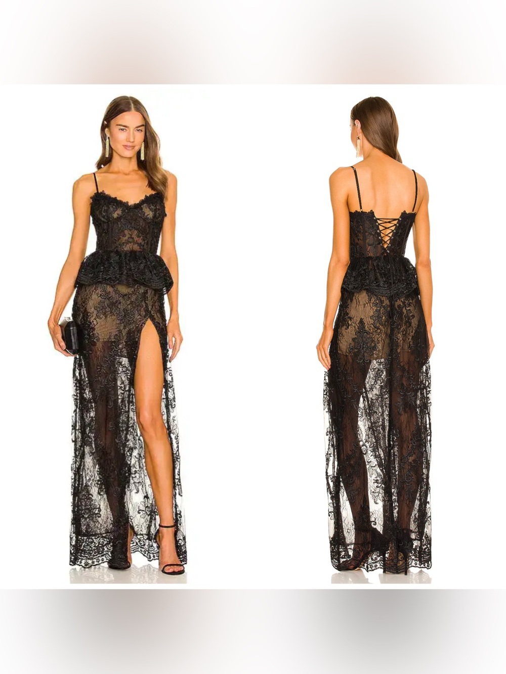 V Chapman Ophilia Ruffled Peplum Front Slit Lace Corset Gown Black‎ Maxi Size 12